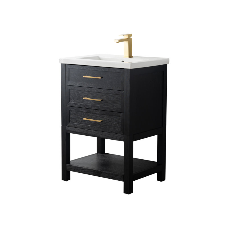 Stratford 24'' Single Vanity with Ceramic Top, Black Oak/Brushed Gold