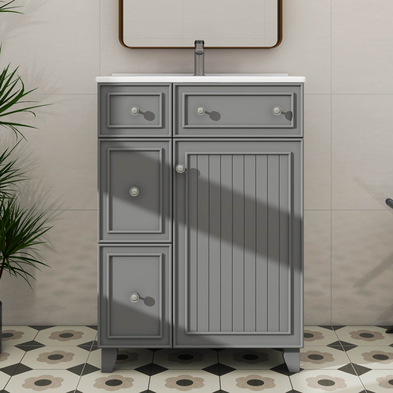 Meuble-lavabo de 24 pouces avec lavabo en céramique, Gris / Nickel brossé