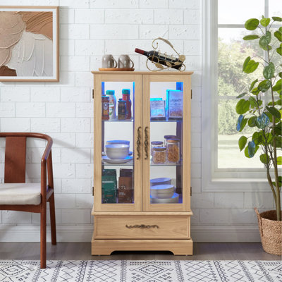 Vitrine lumineuse en verre avec tablettes réglables - 2 portes, 1 tiroir, lumières DEL, finition chêne clair élégant