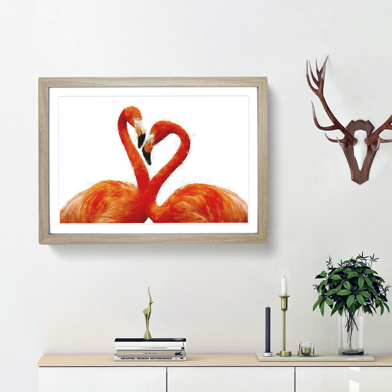 Two Loving Flamingos - Picture Frame Graphic Art Print, 33cm H x 45cm W x 2cm D, Oak Framed