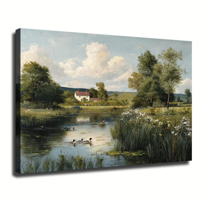 «Tranquil Country River With Ducks and Farmhouse», peinture à l'huile sur toile, grande galerie tendue sur toile pour le salon, la chambre à coucher