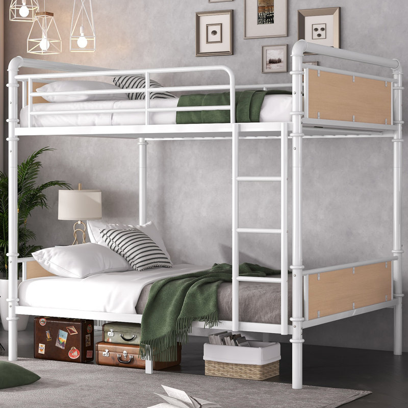 Twin XL Over Twin XL Metal Bunk Bed, Convertible Detachable Industrial Bunk Bed with Safety Guard Rails, Ladder, White