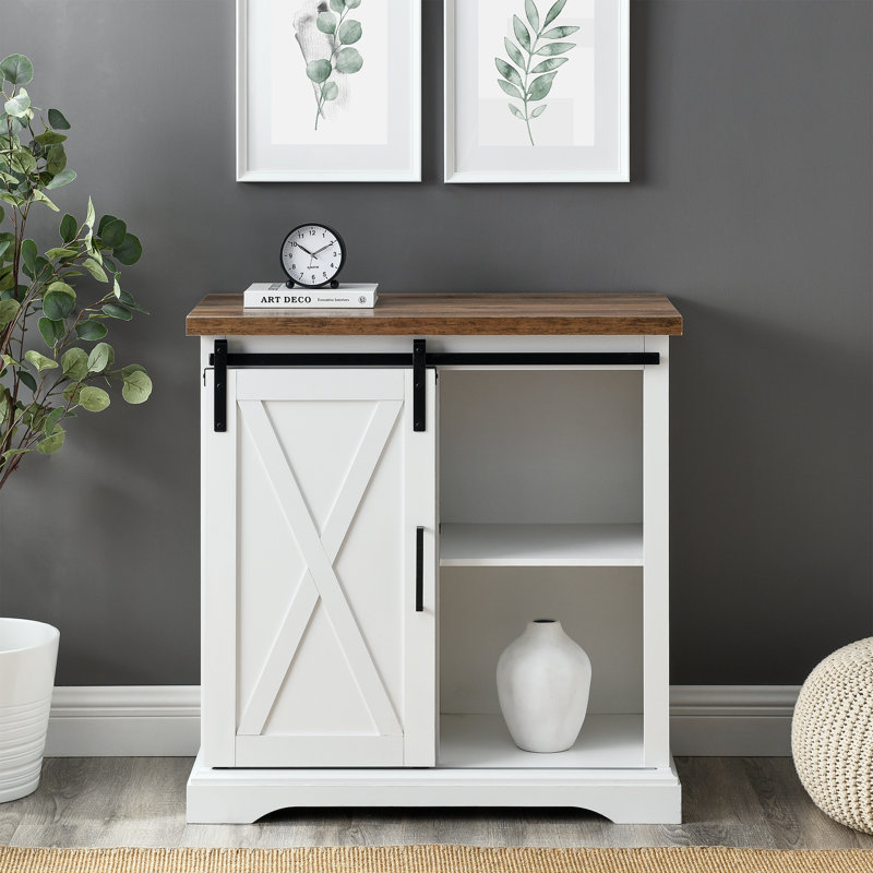 Stotfold Sliding Barn Door Accent Cabinet Server, Solid White/Rustic Oak