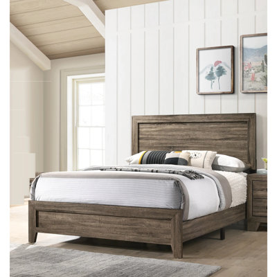 Grand lit attrayant avec article de chambre en bois gris, lit gris contemporain, ameublement robuste