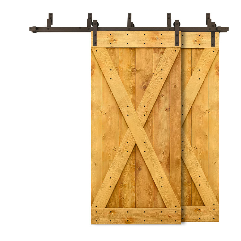 Panelled Wood Stained X Series Bypass Double DIY Barn Door with Sliding Hardware Kit, 92" x 84", Colonial Maple