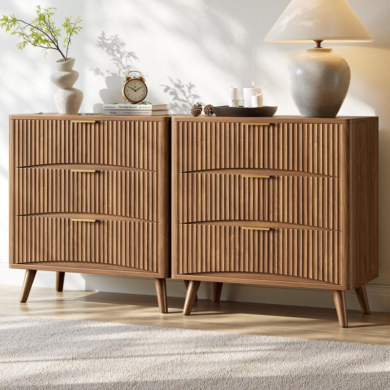 31.5" W Fluted Nightstand, Large Wood Night Stand, Mid Century Modern Bedside Table For Bedroom, Dorm, Walnut