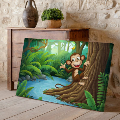 Reproduction d'art sur toile, "Un singe joyeux avec une expression ludique est perchée" sur un grand tronc d'arbre texturé entouré d'art sur toile