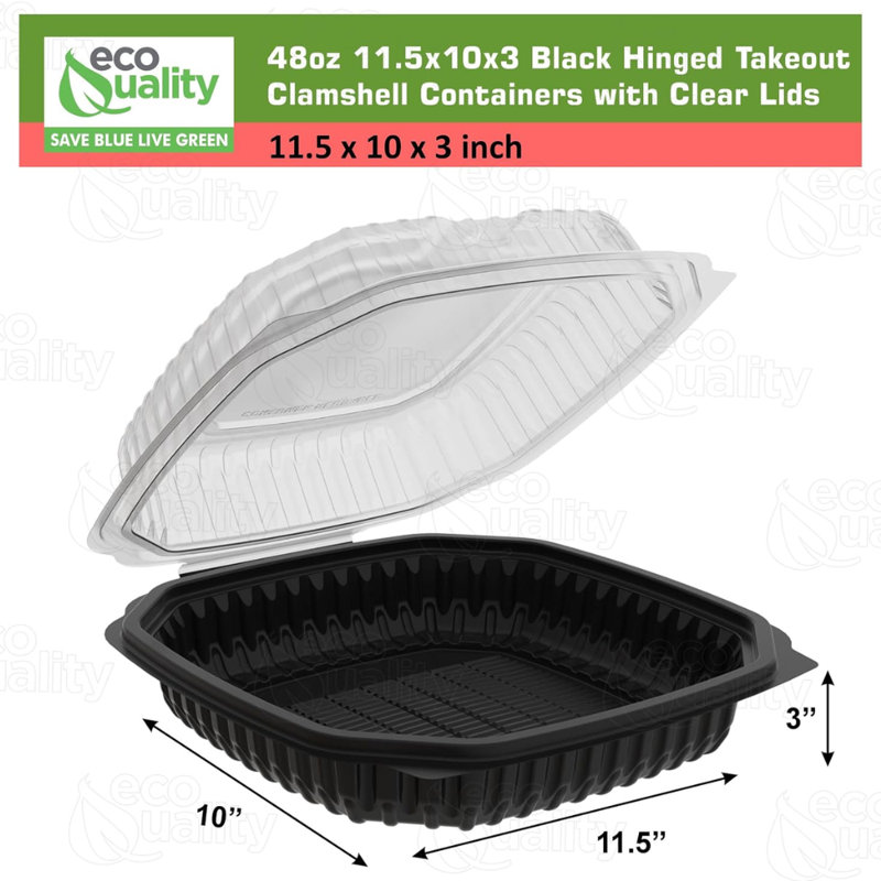  Contenant à charnière 48Oz 11,5X10X3 à charnière noir avec couvercle transparent et jetable