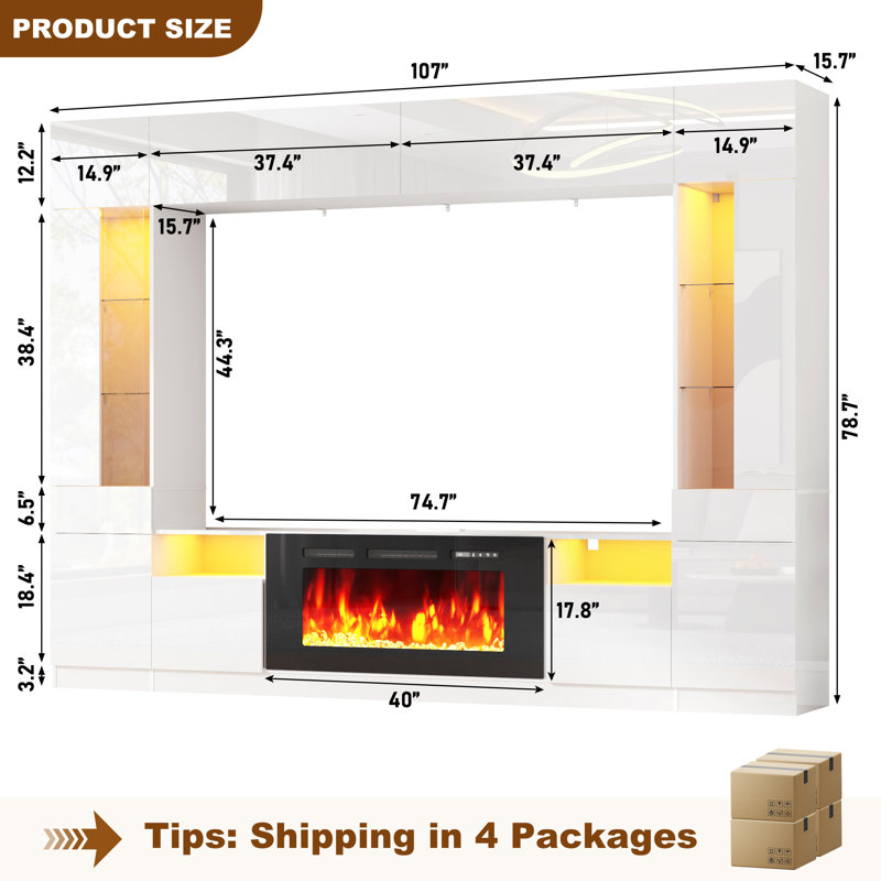 107" Fireplace Wall Unit Entertainment Center With Bookshelves, Modern TV Stand With Storage Shelves & Bridge Cabinet & LED Lights, Media Console For Living Room Home Theater