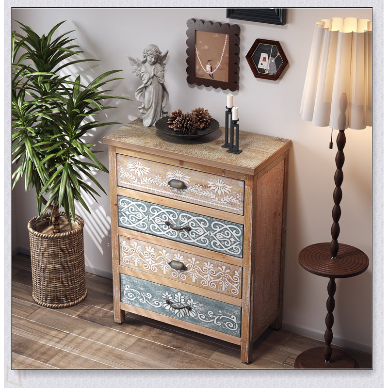 Commode vintage à 4 tiroirs avec motif en bois patiné et orné, commode de rangement rustique pour chambre à coucher / salon