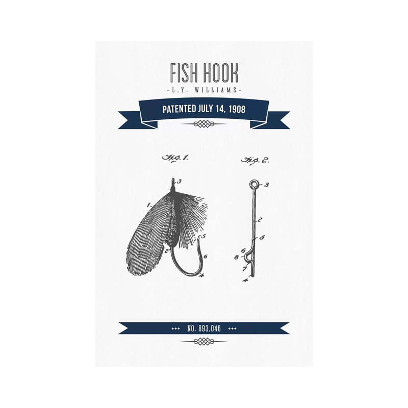 L.Y. Williams Fish Hook Patent Sketch Retro (Navy Blue) by Aged Pixel - Wrapped Canvas Print