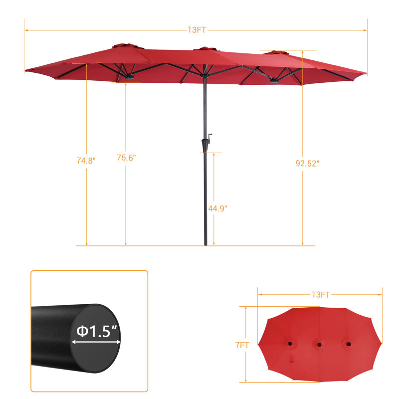 Large Double-Sided Rectangular Outdoor Patio Market Umbrella, 92.37" H x 156" W x 84" D, Red