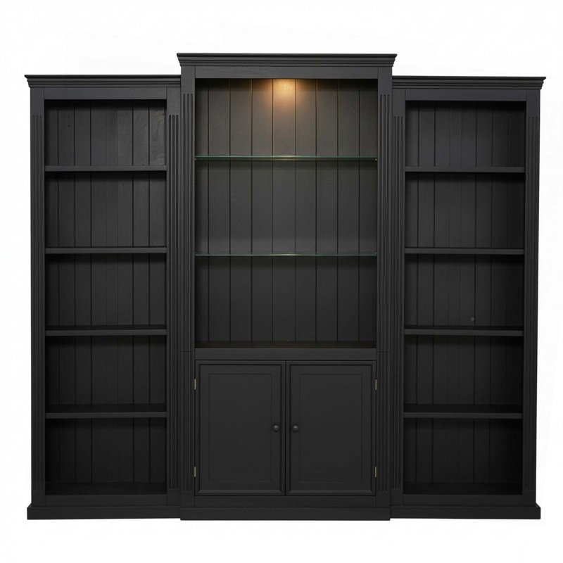 78.75'' Tall 3-Pieces Bookcase,Display Cabinet With 5 Colors Adjustable Led Ceiling Light,Retro Style Bookshelves With Tempered Glass Shelves