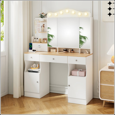 Vanity Desk with Mirror, Lights,USB Power, Three Drawers, Two Cabinets, and Foldable Three-sided Mirror in White