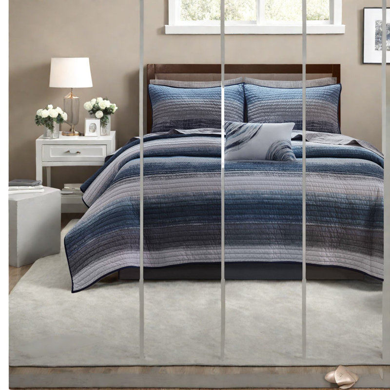 Ensemble de literie de luxe pour lit très grand 8 pièces, draps en coton et courtepointe en microfibre, design bleu marine moderne