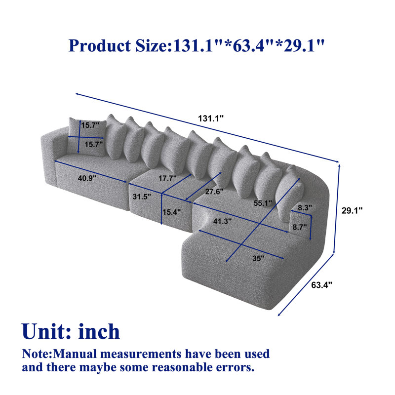 Ensemble de canapé modulaire en chenille de 131,1 pouces en forme de nuage avec 10 coussins, méridienne gauche, Gris chenille