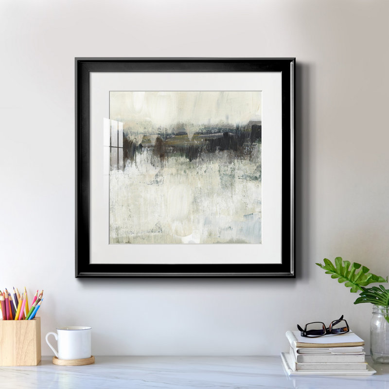" Neutral Horizon Line I ", 24" H x 24" W x 1" D, Black Framed Paper, White