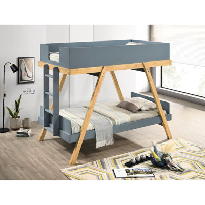 Blue Twin Over Bunk Bed, Rustic - Contemporary Design, Van Finish, Supports For Upper Bunk, And Siblings