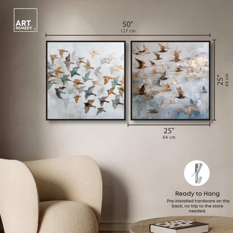 Sky Full of Wings Canvas Print Gold Boho Wall Art Set by Art Remedy, Black Frame, 12 x 12, 25" H x 25" W, Black Frame
