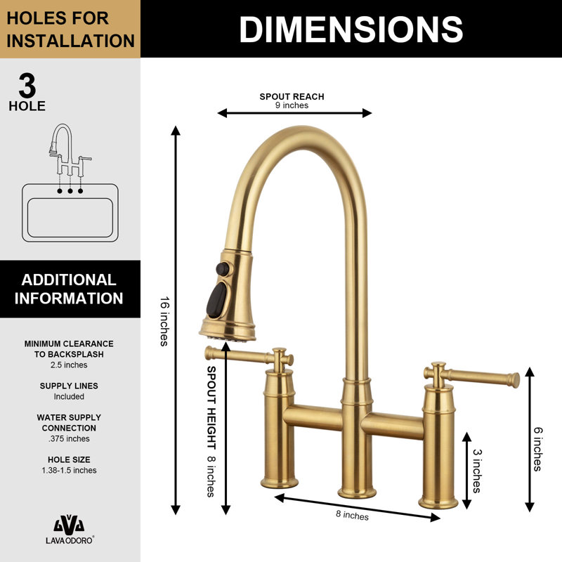 Pull Down Bridge Faucet With Accessories, Brushed Gold