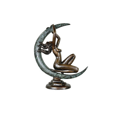 Bronze Nude Lady on Cresent Moon Sculpture
