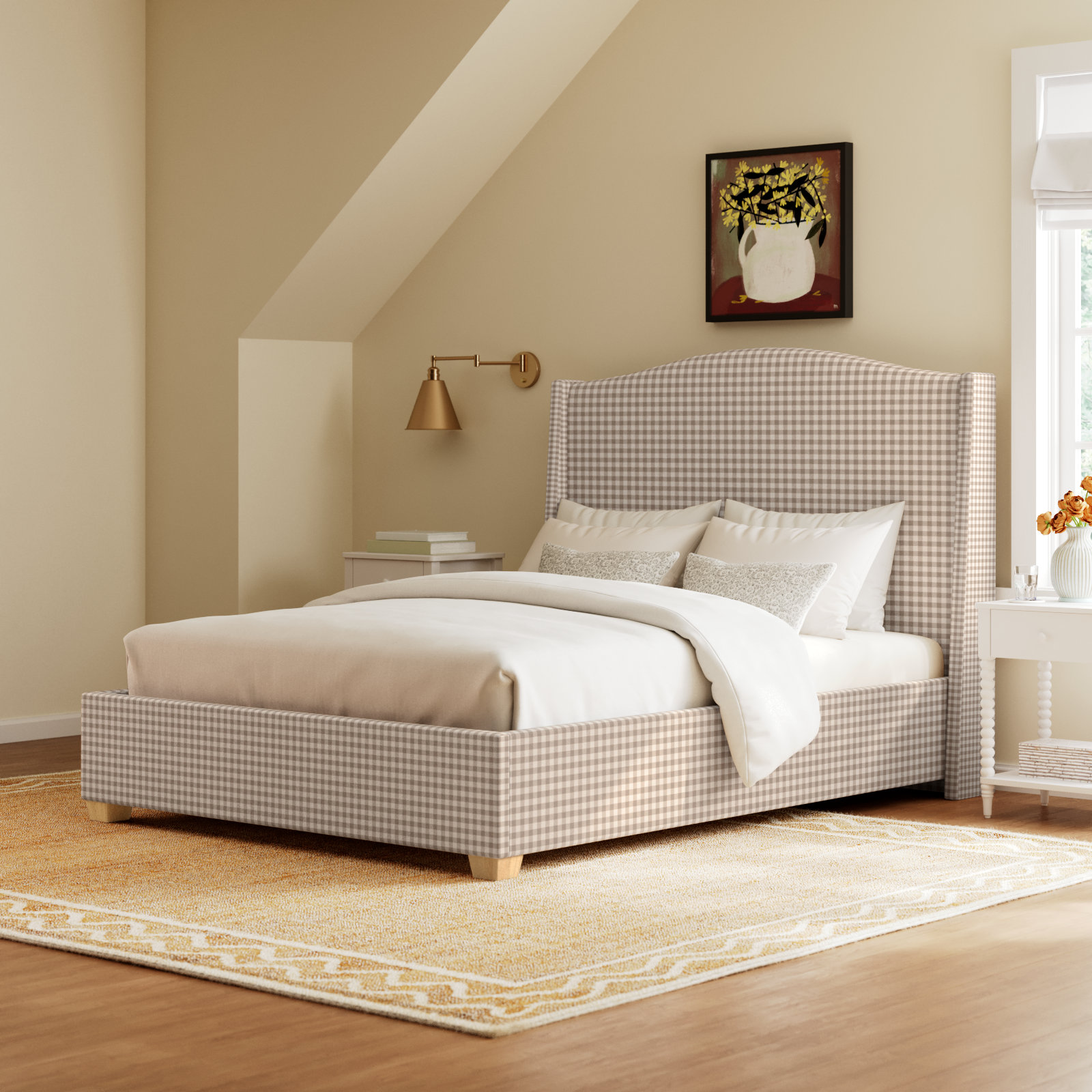 Allis Wingback Bed, Queen, Classic Gingham Tan