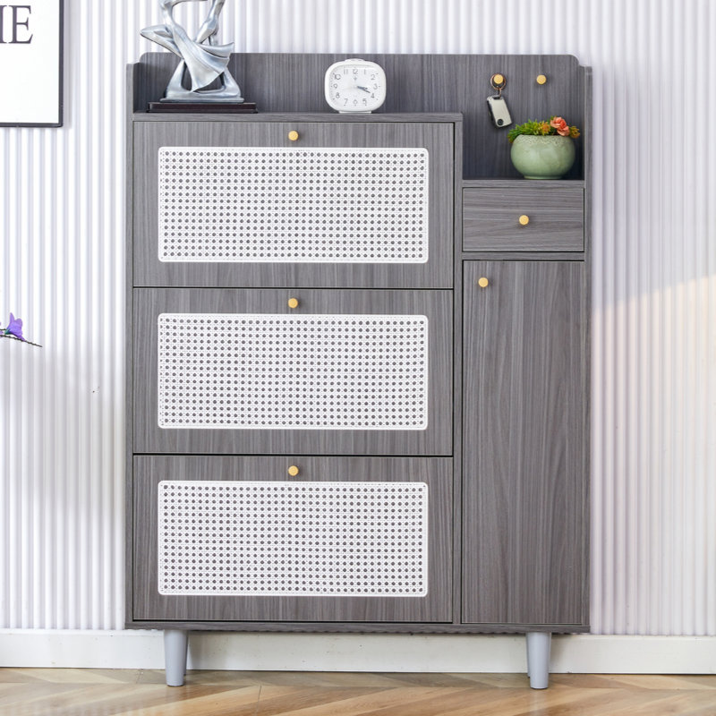Modern Minimalist Rattan Shoe Cabinet – Japanese-Inspired Storage Bench for Entryway, Living Room & Small Spaces | Easy Assembly Gray MDF Bed Top Cabinet