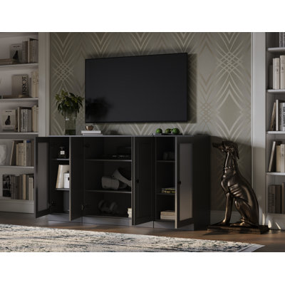 Meuble télé 100% bois massif avec panneau surélevé, portes en verre givré et tablettes réglables pour téléviseur de 65 po ou moins