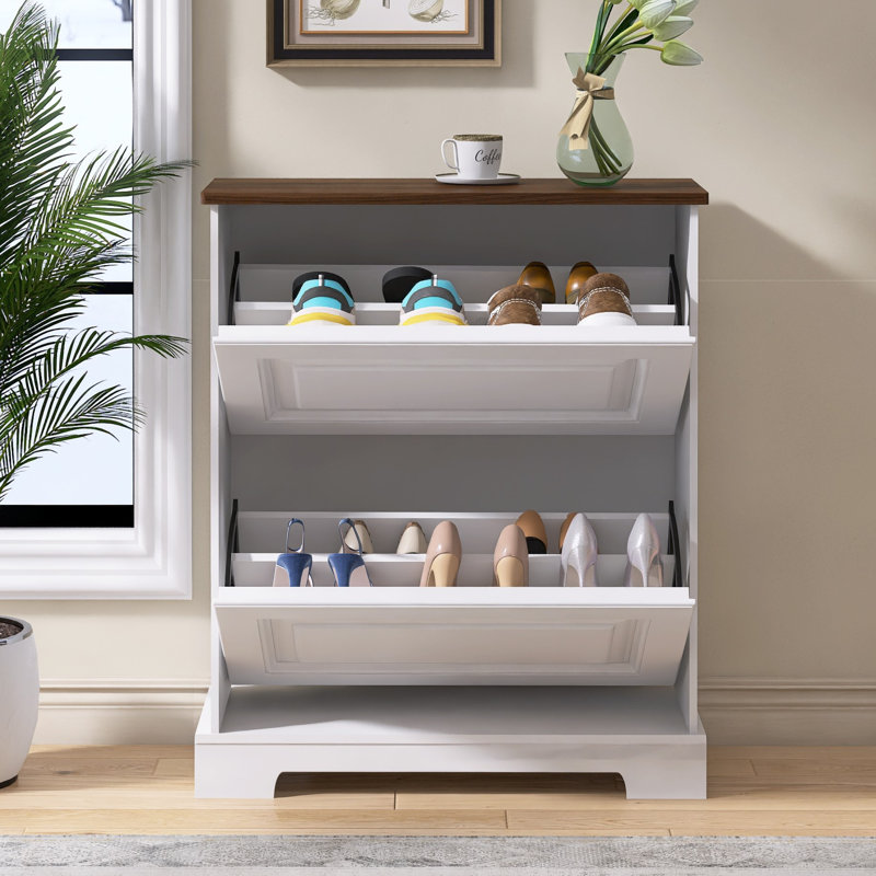 Range-chaussures rabattable à 2 niveaux avec panneau de porte sculpté et base en bois robuste