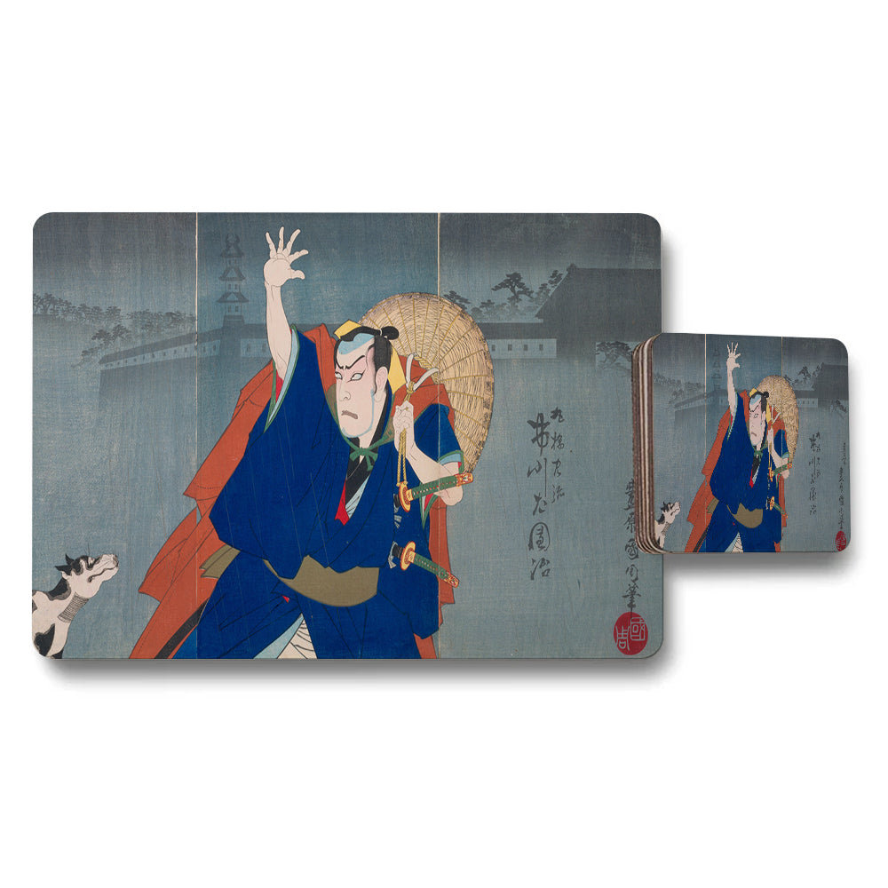 Ukiyoe Samurai Placemat And Coaster Set With Traditional Artwork