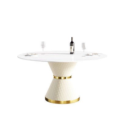 6 Dining Table, 59.97" Round, White Sintered Stone Surface And Robust Carbon Steel Base For Daily Use Round Table With Heat Resistance & 6