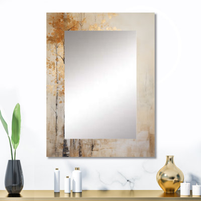 Beige et or minimalisme Forest I - miroir unique de forêt, grand miroir mural traditionnel, impression d'art en métal