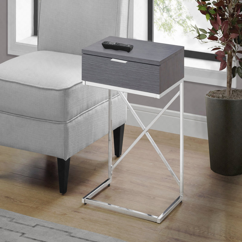 Table de bout en stratifié gris et métal chromé avec tiroir de rangement, Gris foncé / Chrome