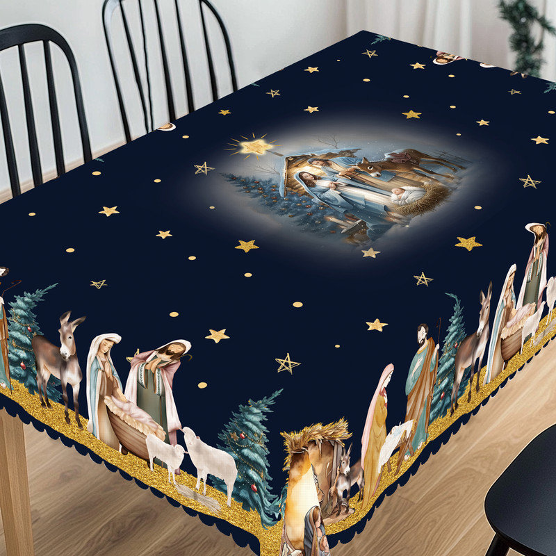 Nappe en polyester lavable à la machine avec motif de crèche de Noël, parfaite pour les décorations de Noël.