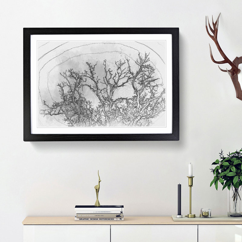 Bird in a Winter Tree in Abstract - Picture Frame Graphic Art Print, 48cm H x 65cm W x 2cm D, Black Framed