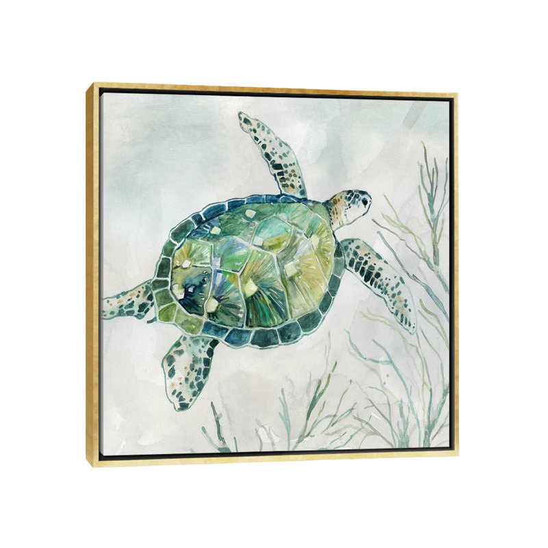 «Seaglass Turtle I» par Carol Robinson - reproduction, H 37 po x l 37 po x P 1,5 po, Toile encadrée d'or, Pas de tapis