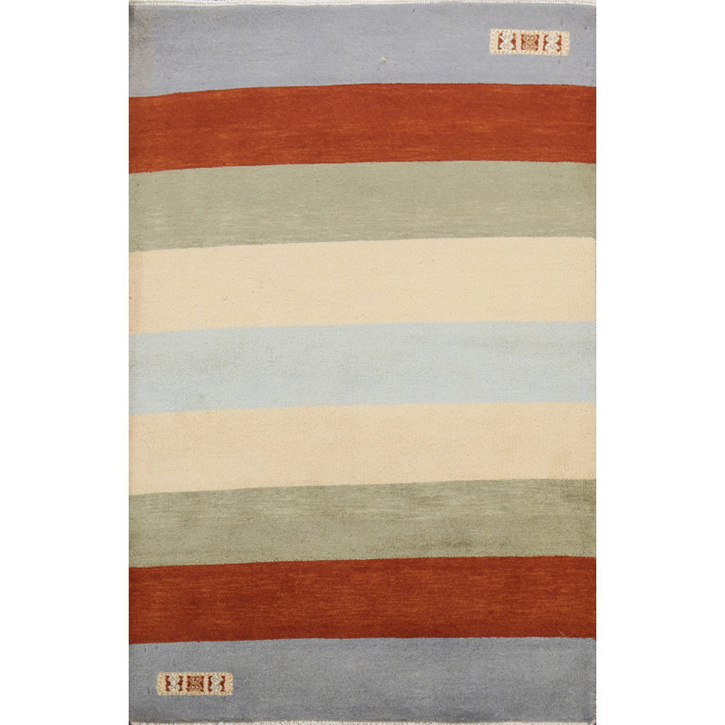 Tapis bleu / orange en laine noué à la main de conception unique 3 pi x 5 pi New Age