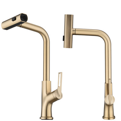 Brushed Gold Pull Down Spray Kitchen Faucet - 360 Rotating, Single Handle, Zinc, 3 Options, Hot And Cold Water Access With Zinc Material, Supply