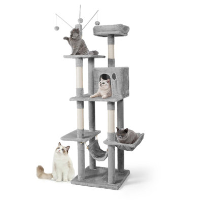 70 Inch Tall Cat Tree for Indoor Large Cats or Kittens, Multi-Level Cat Activity Tree with Scratching Posts, Hammock, Cat Cave Condo and Widened Perch, Light Grey