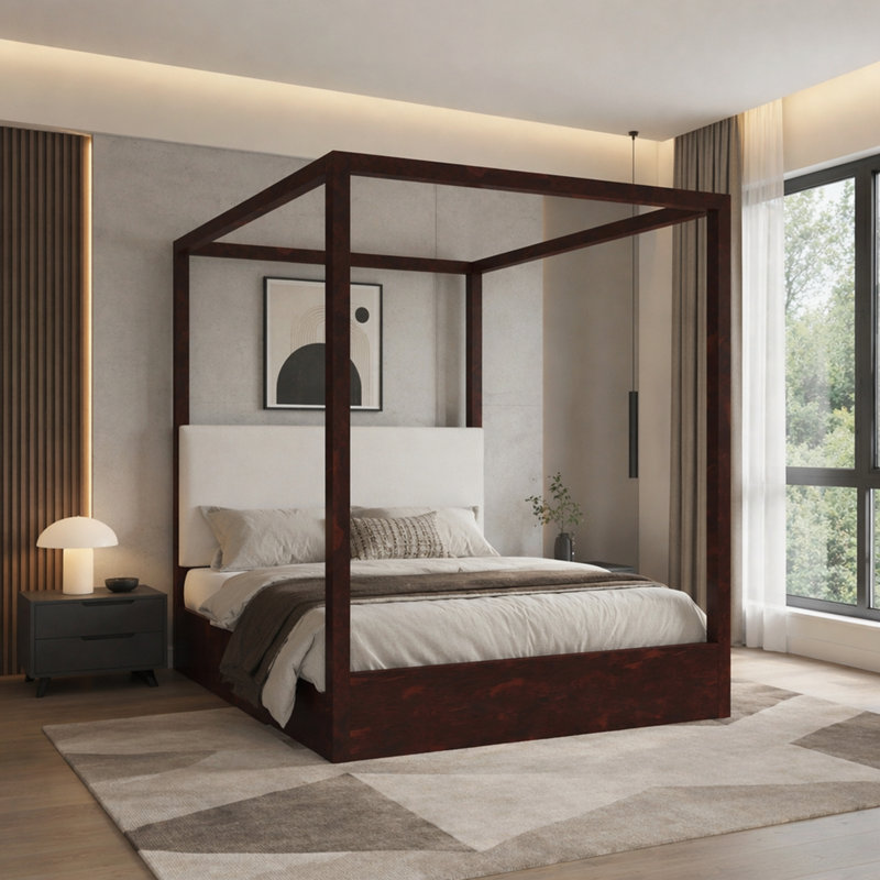 Grand lit plateforme à baldaquin avec tête de lit tapissier, lit à baldaquin en bois massif moderne avec support en lattes de bois, aucun sommier requis