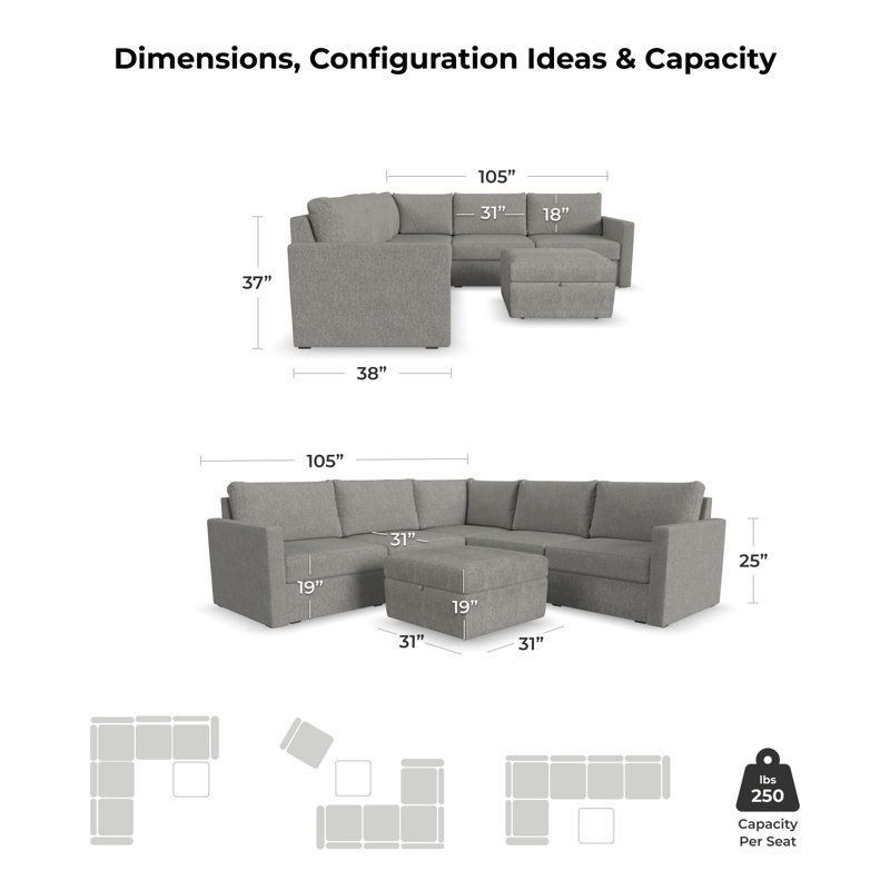 Flex 6 - Piece Upholstered Wide Arm Modular Sectional With Storage Ottoman, 37" H x 102" W x 38" D