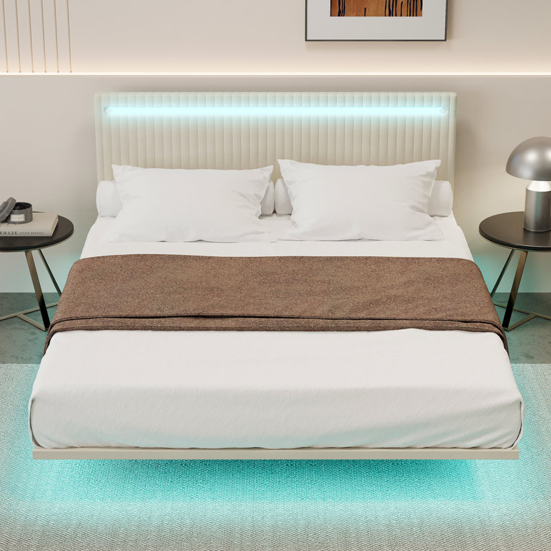 Structure de lit flottante en velours avec lumières DEL, Beige, Double