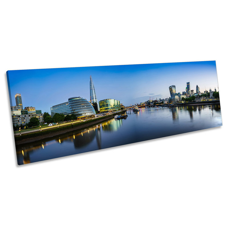 London City Skyline Blue River - Wrapped Canvas Panoramic Print, 30.48cm H x 91.44cm W