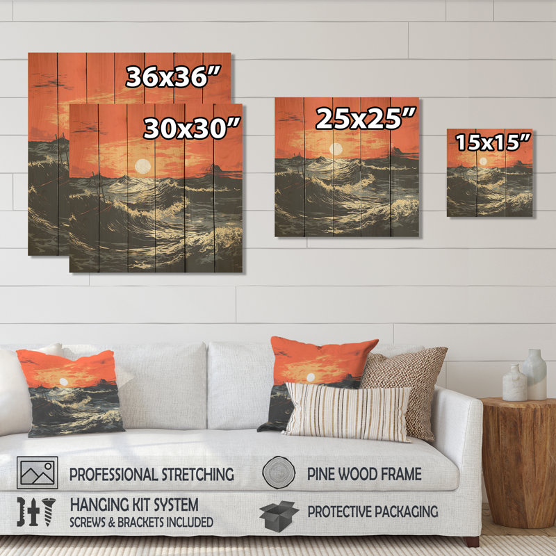 Tangerine Skies Ocean Waves IV - Coucher de soleil côtier sur bois, H 25 po x l 25 po