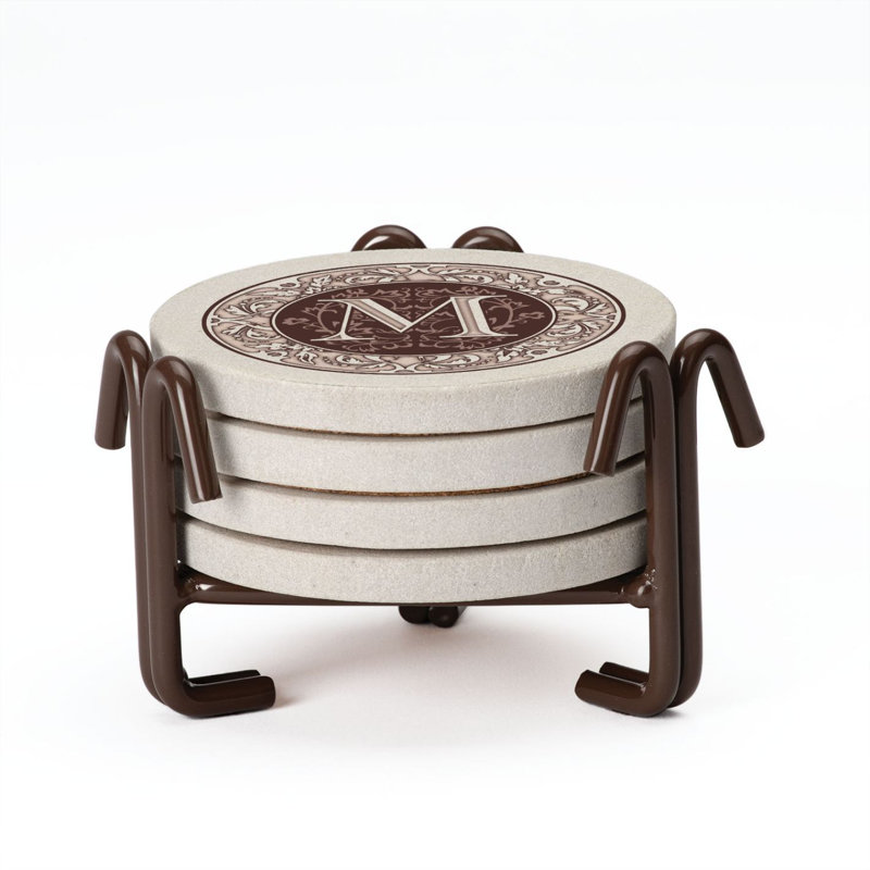Ophelia & Co. 4 Pack Monogram Sandstone Coasters in Bronze Iron Ram Coaster Holder, M