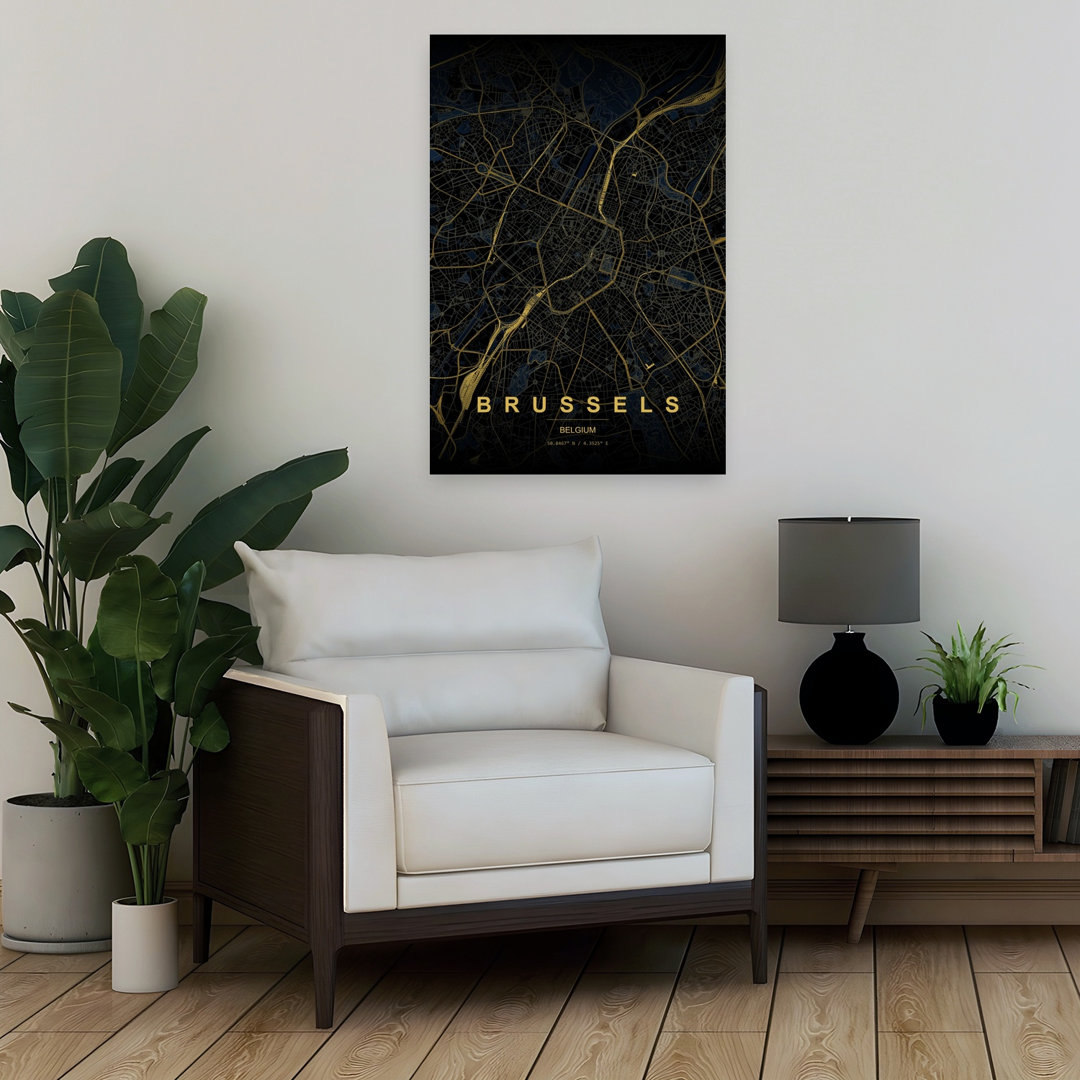 Golden Brussels Map Abstract Elegant Minimalist City Wall Art Print