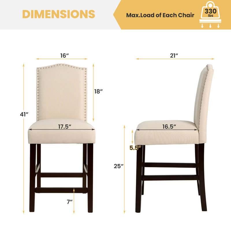 Red Barrel Studio Set Of 2 Nailhead Bar Stools Upholstered Counter Height Stool For Kitchen/dining Room, Beige