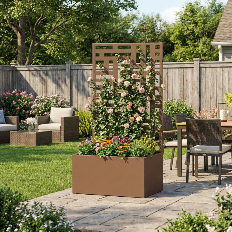 Boîte à fleurs d'extérieur en métal sans roues, H 47 po x l 24 po x P 11 po, Brun