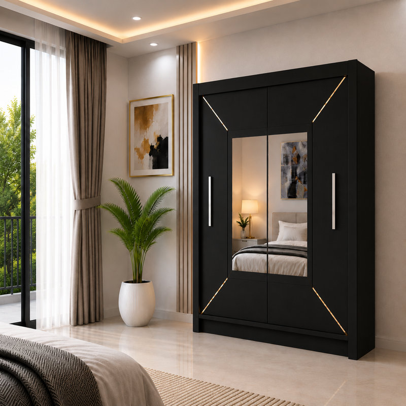 VENICE Sliding Door Wardrobe with Mirror - Black - 150 CM, Black, 180 CM