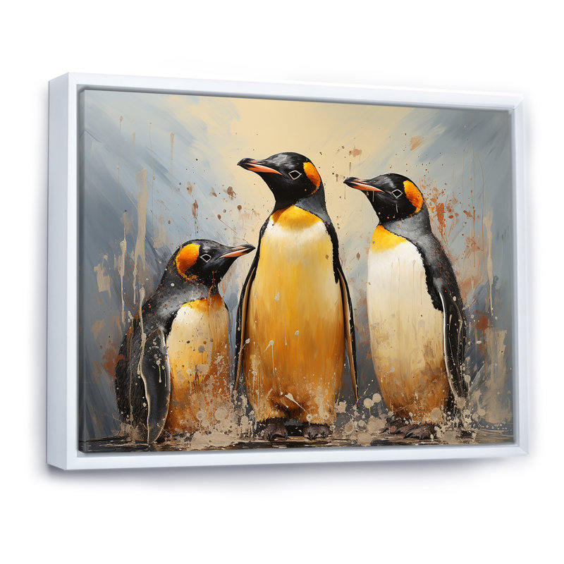 «Playful Snow Wonders Penguins», reproduction sur toile, Cadre flottant blanc, H 12 po x l 20 po x P 1 po